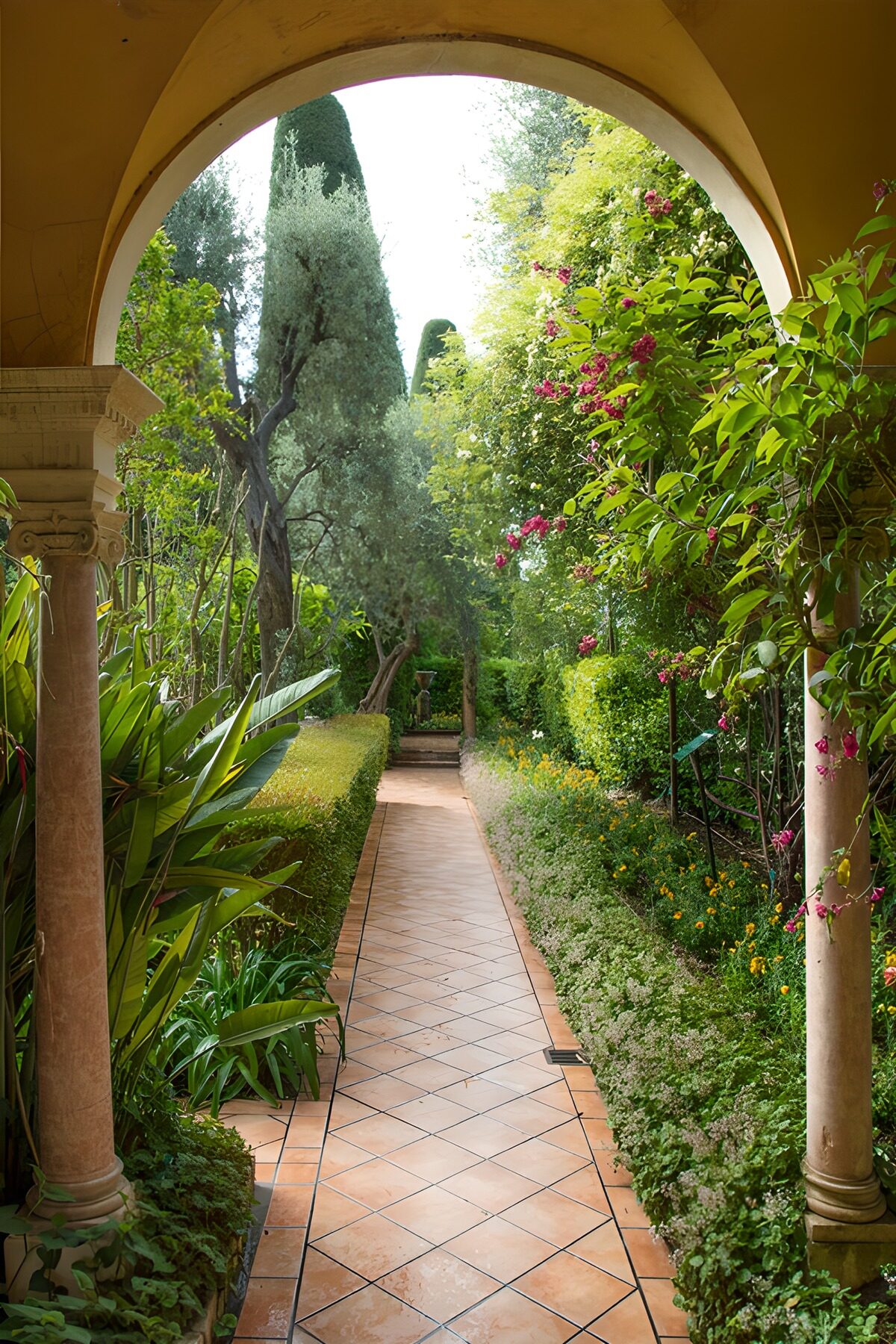 Stone arch framing a sunlit garden