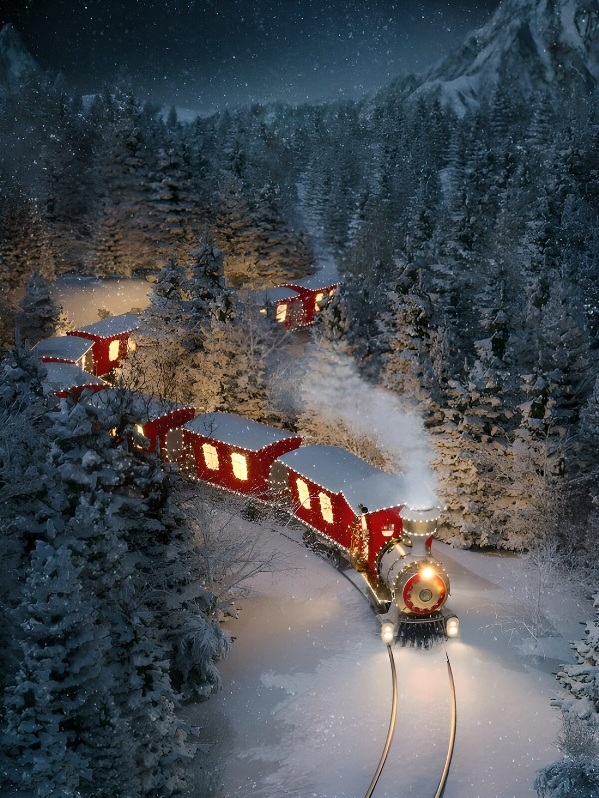 Christmas steam train in a snowy forest