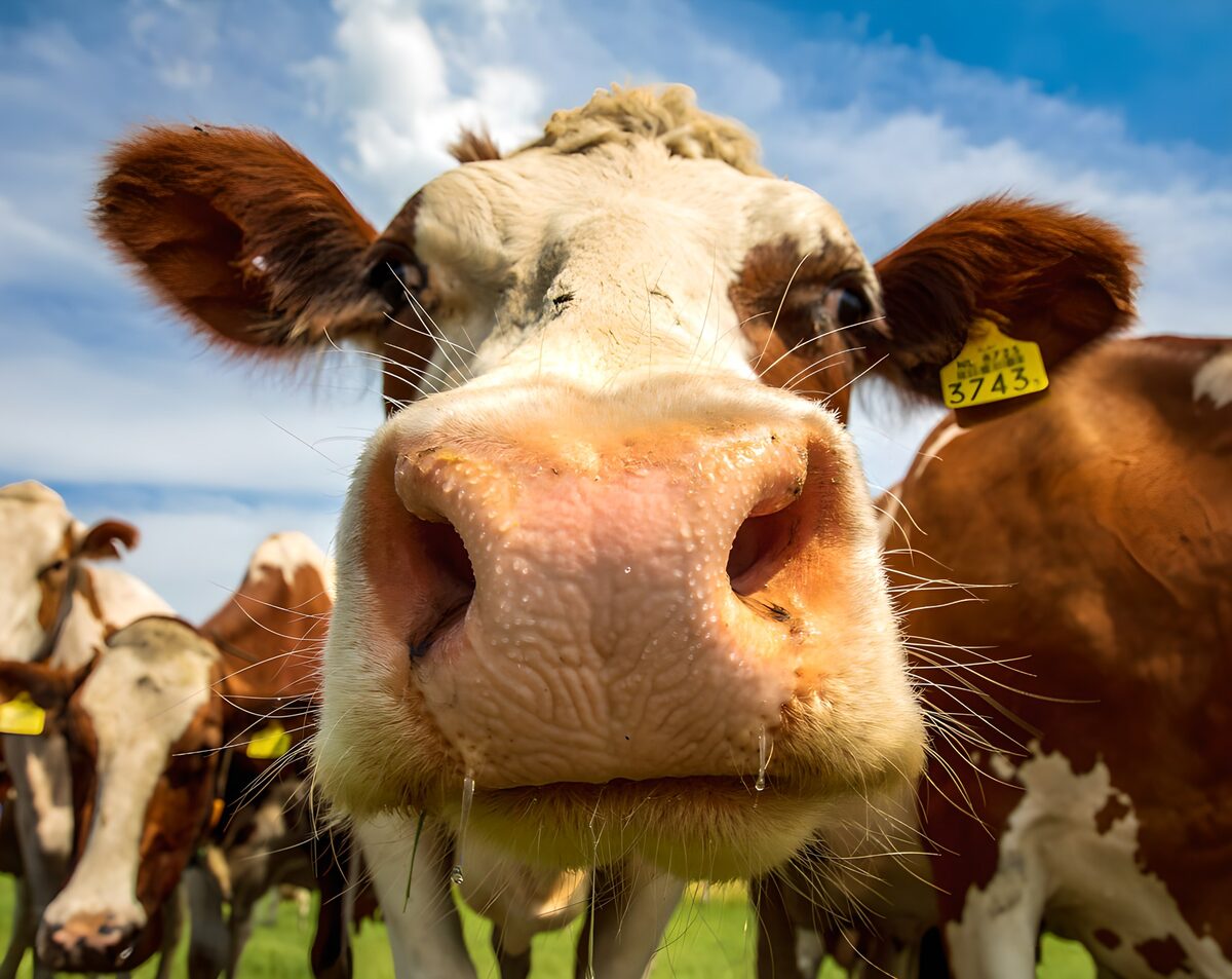A cow’s whiskers catch the daylight
