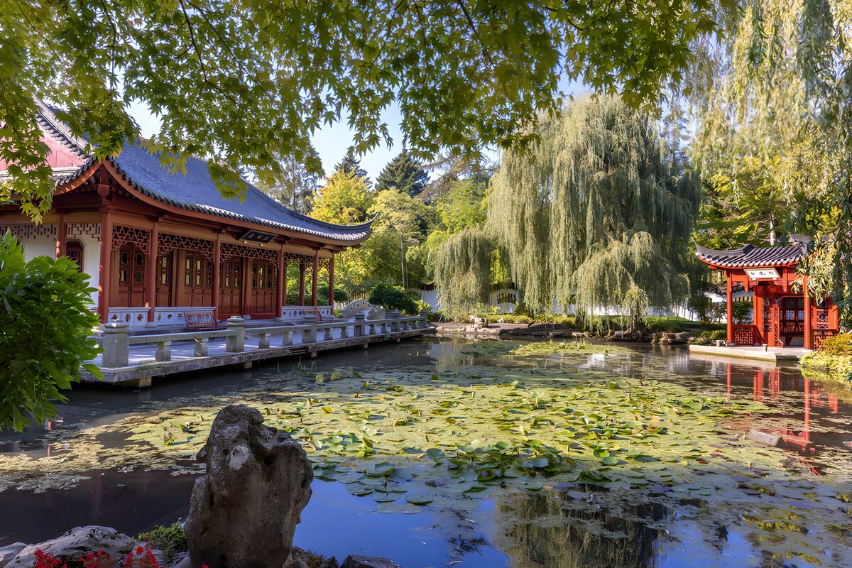Red pavilion beside a leafy pond