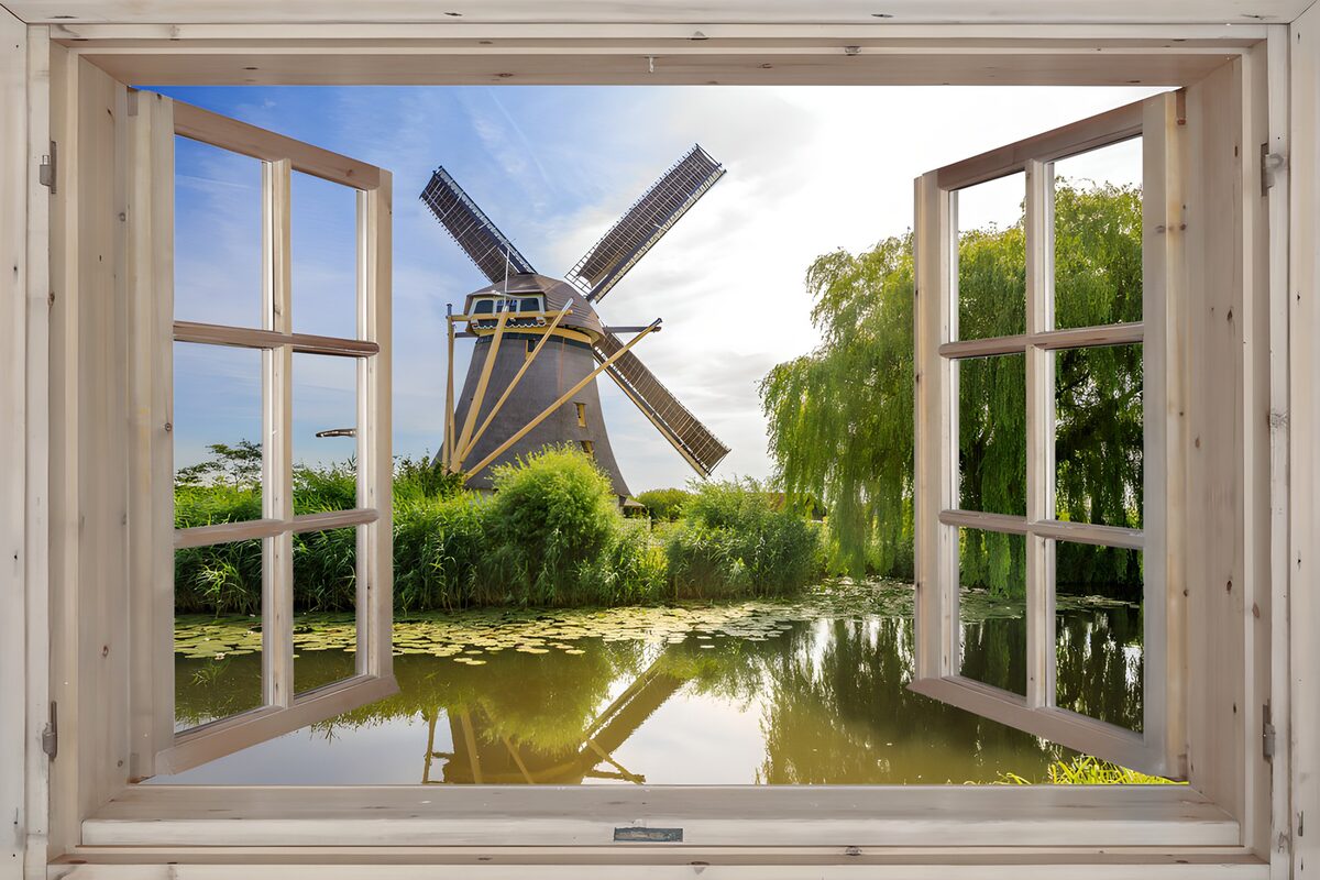 Sunny windmill view through an open window