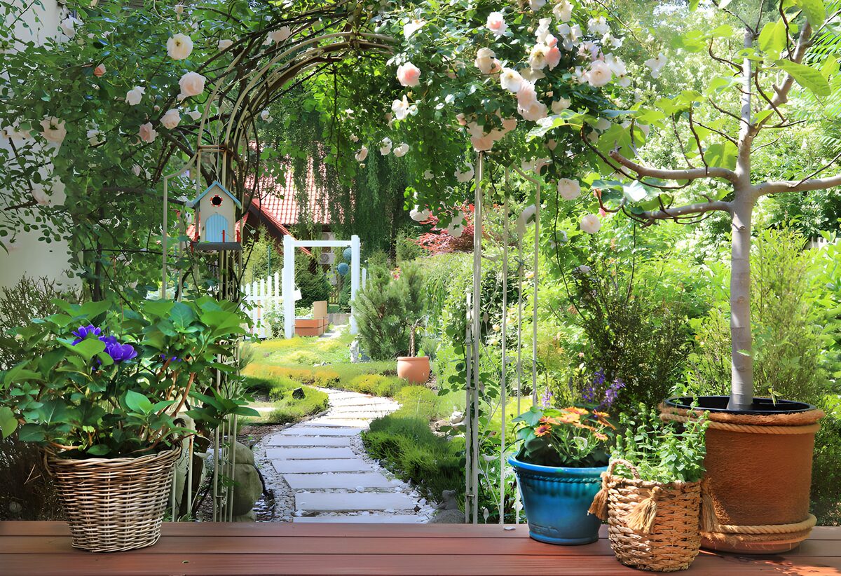 Rose arch and pots in a sunlit garden
