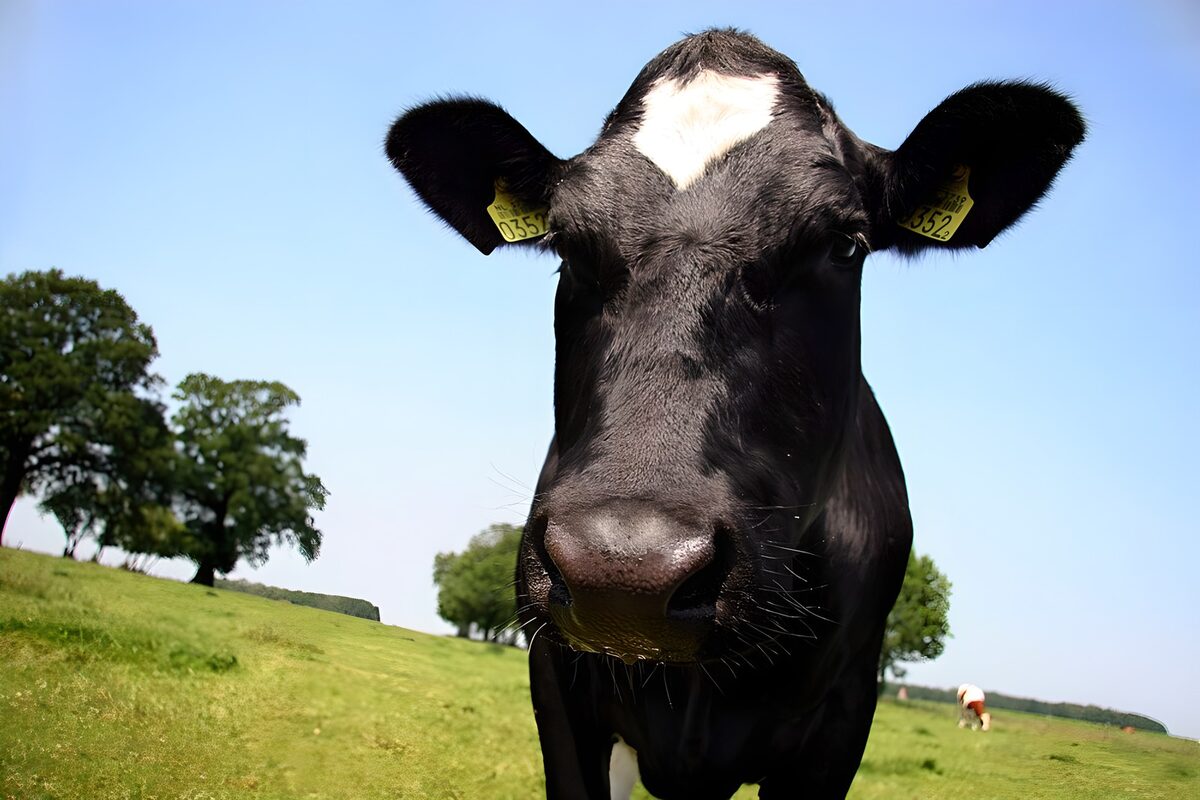 Black cow up close in a sunny pasture