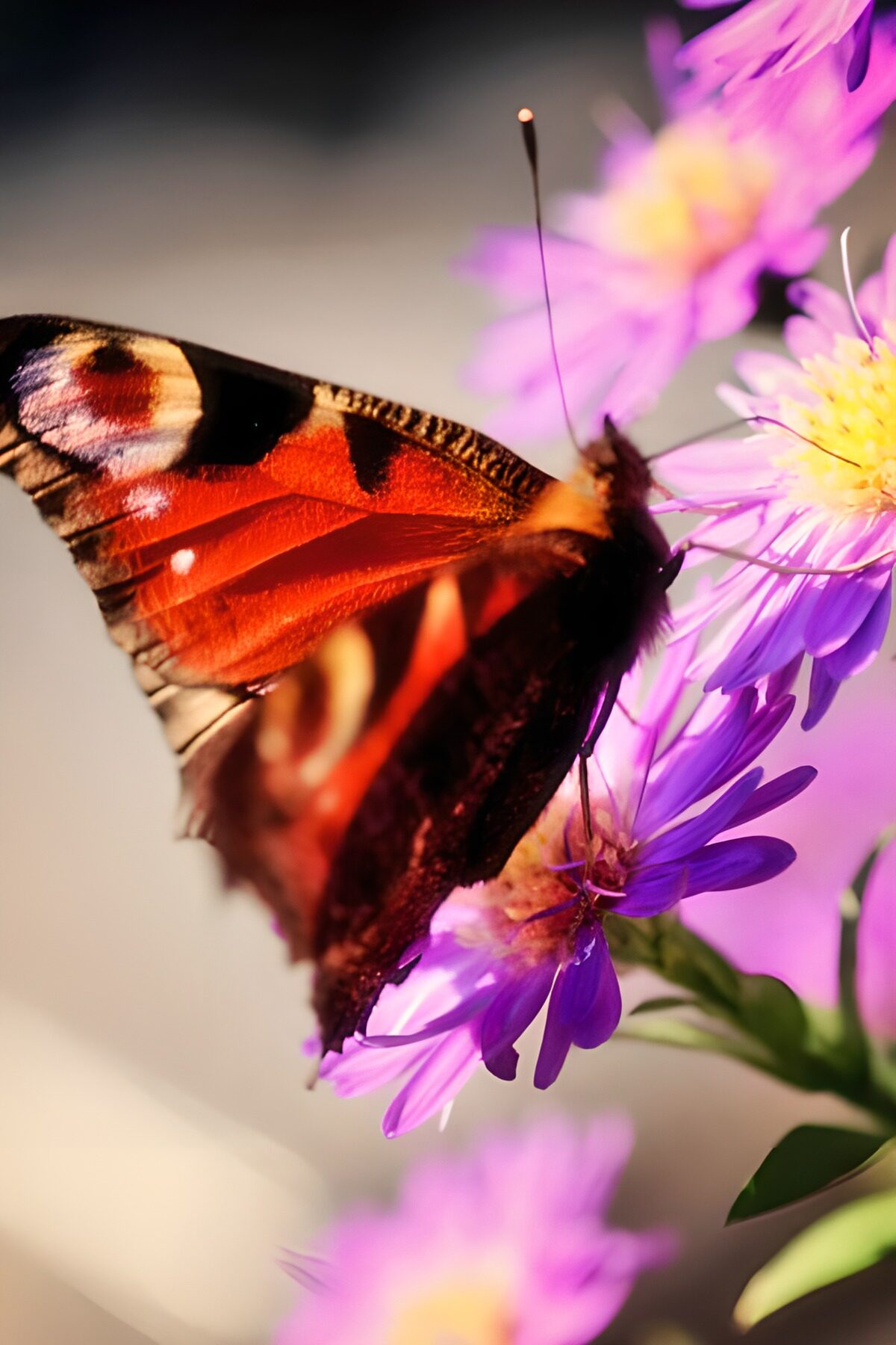 Peacock butterfly on sunlit asters