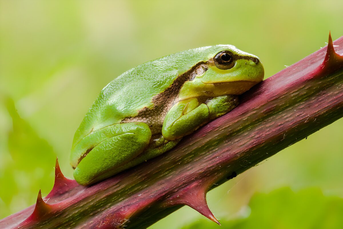 A green frog between light and thorns