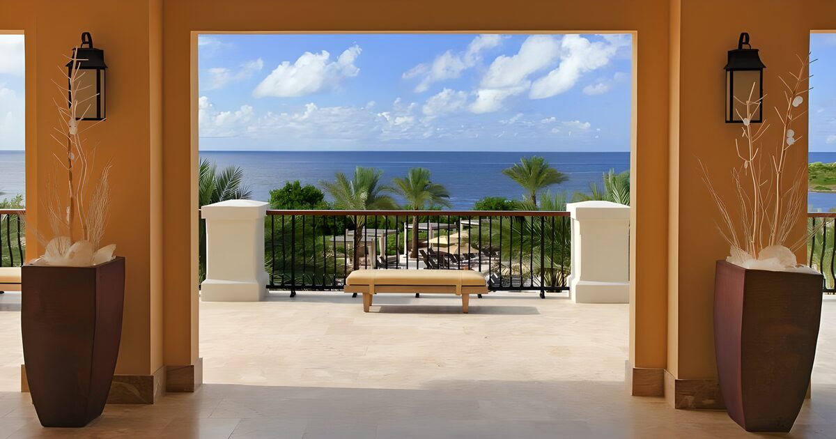 Shaded terrace overlooking the blue sea