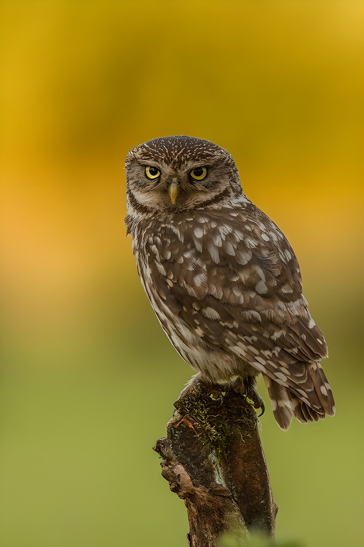 Watchful owl on a mossy stump