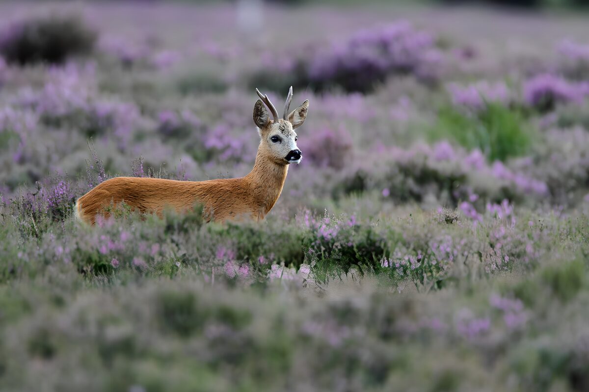 Roe deer buck in flowering heather