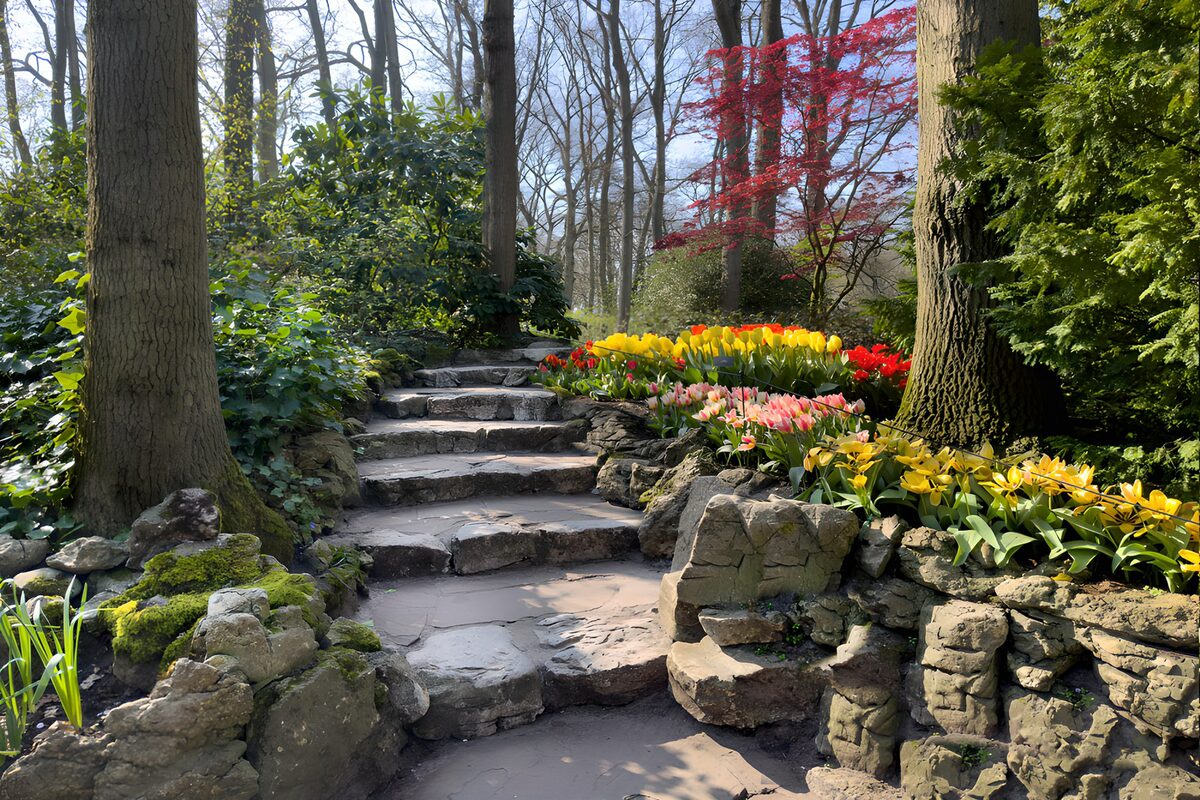 Stone steps through a spring garden