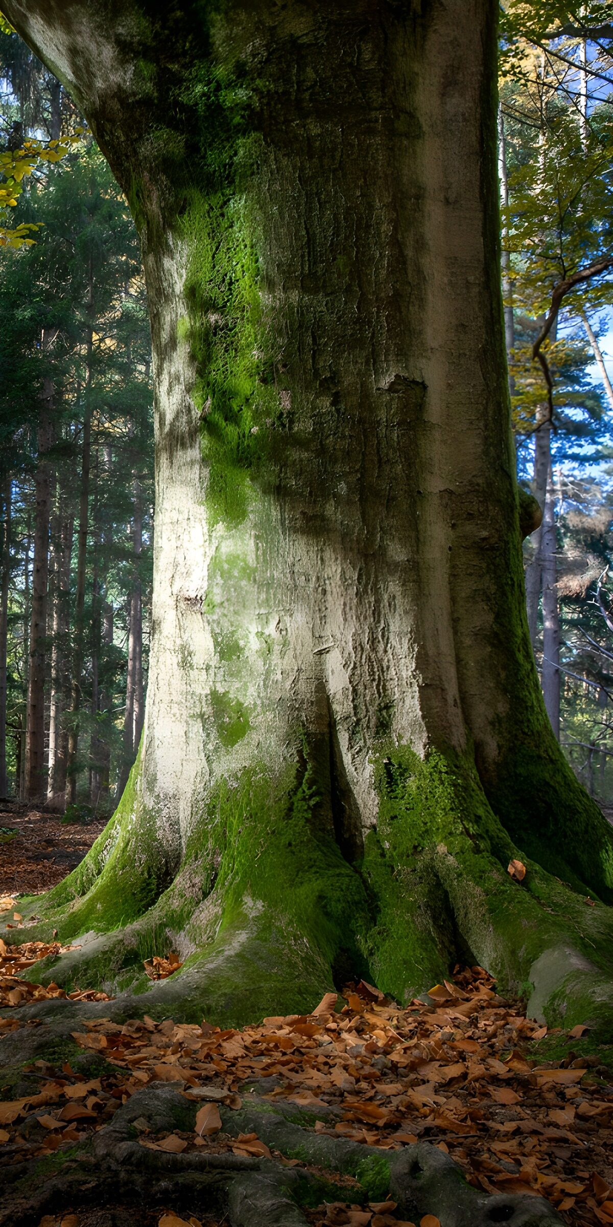 Mossy tree roots in autumn light