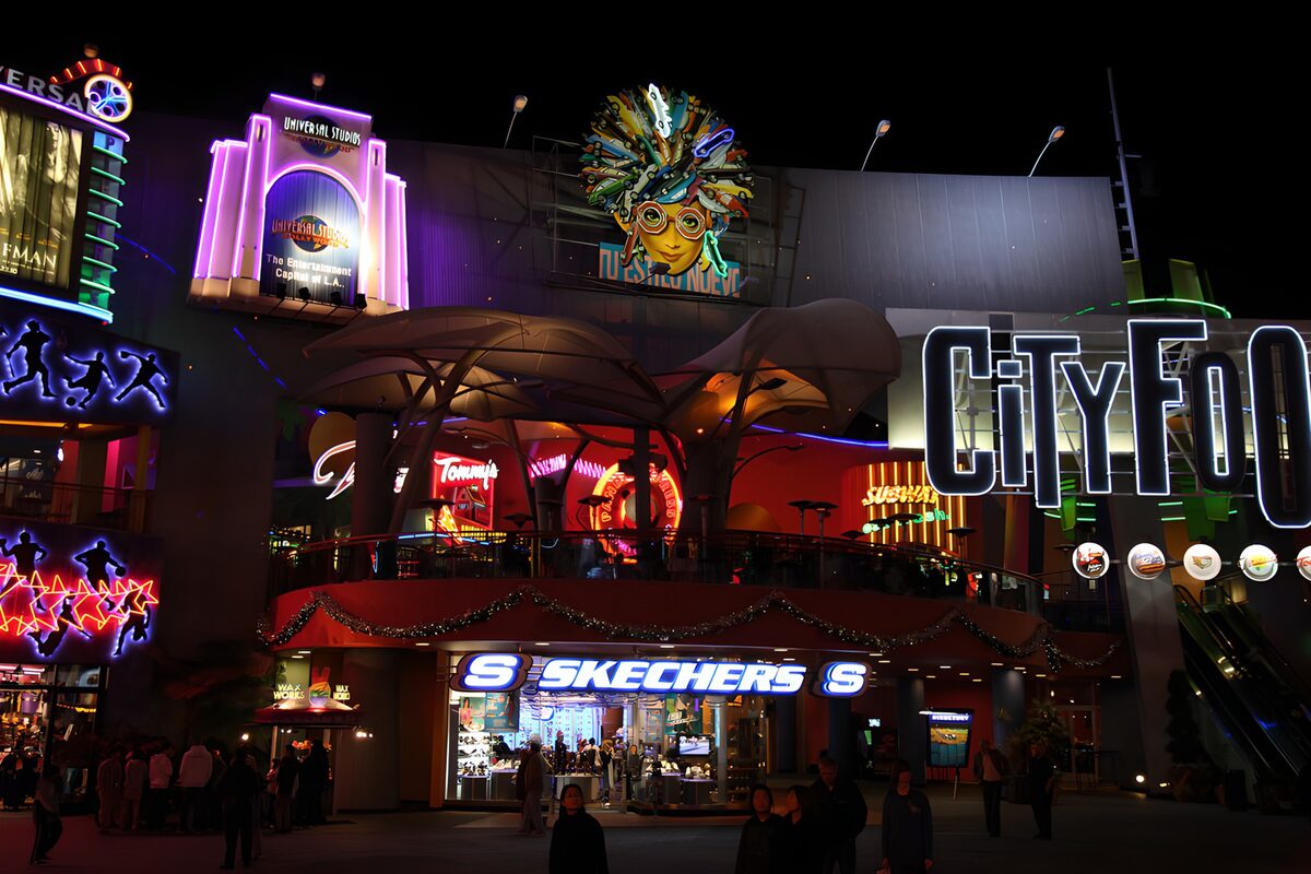 Neon-lit shops after dark