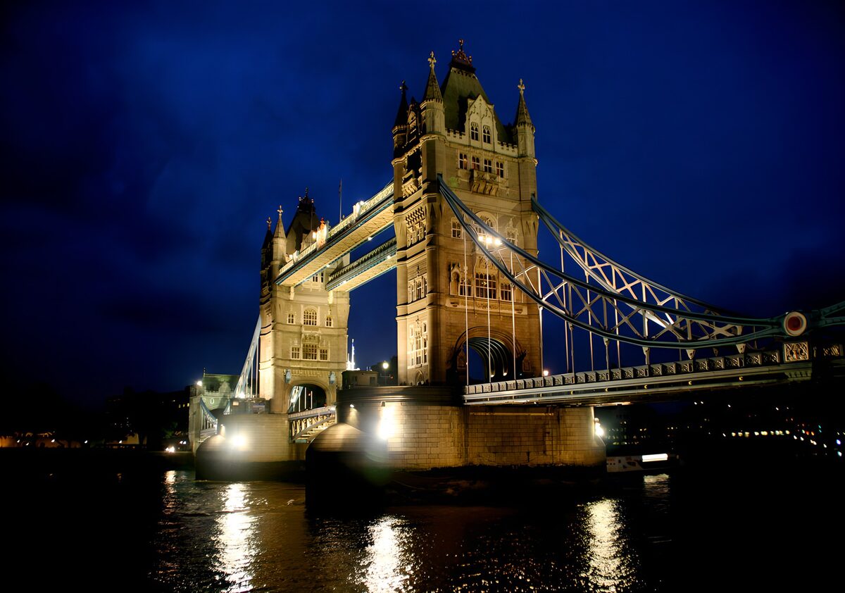 Tower Bridge in blue and gold at night