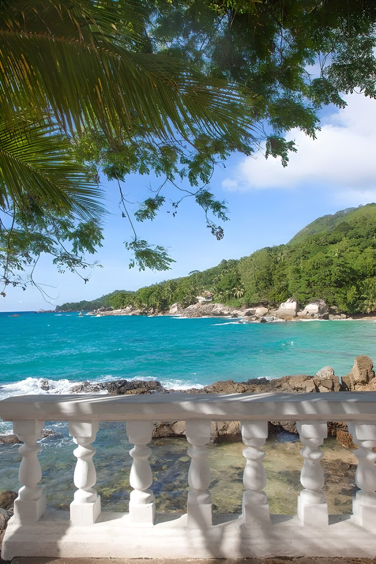 Palm-framed terrace above a turquoise bay