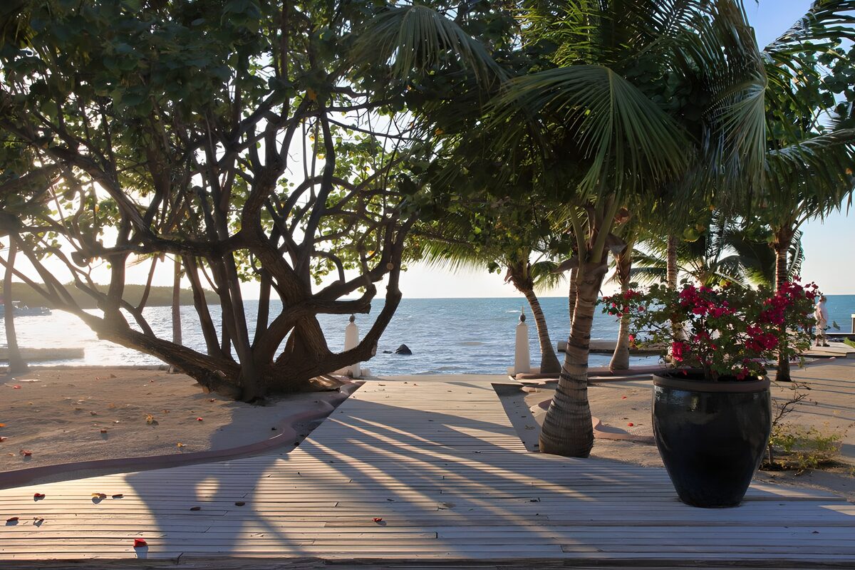 Shaded wooden walkway to the sea
