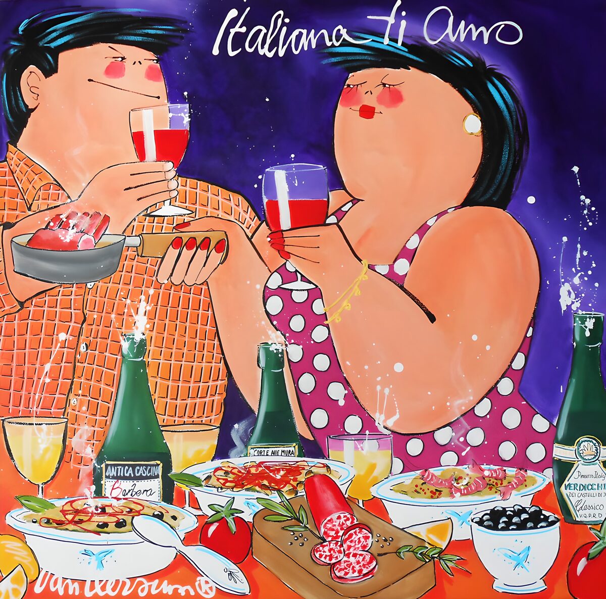 A cheerful couple sharing food and wine