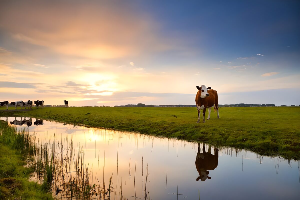 Cows beside still water at sunset
