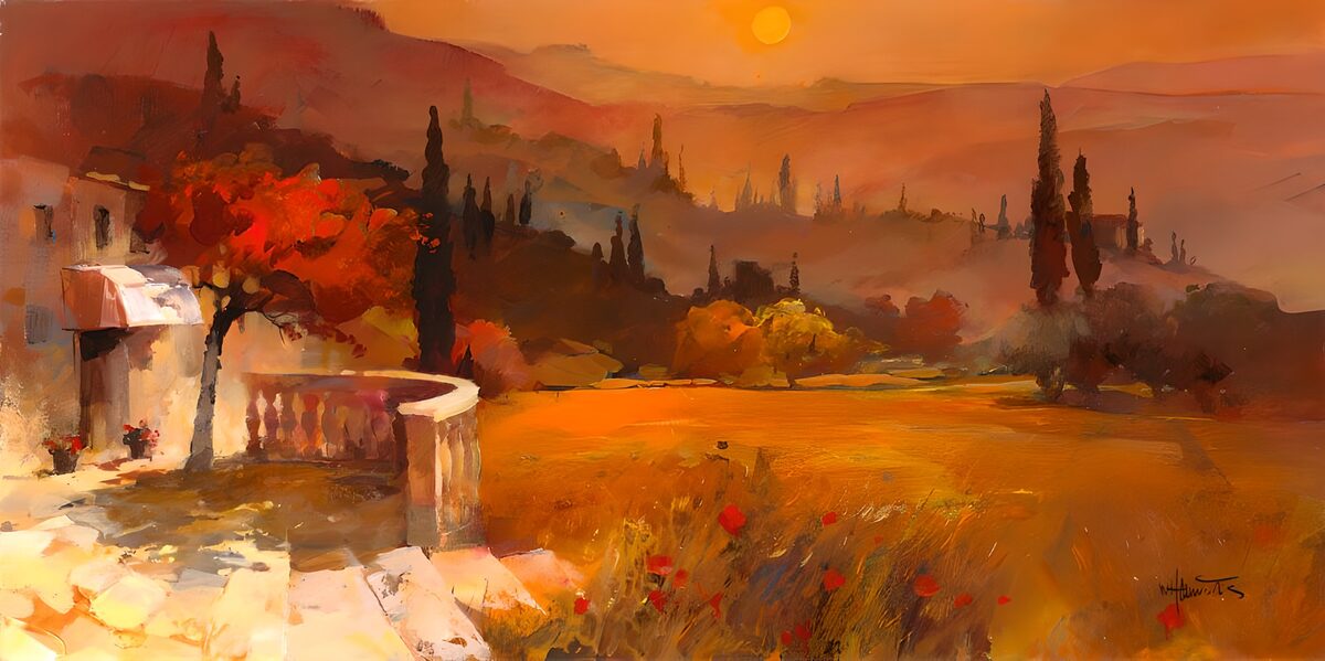 House and terrace in the sunset glow