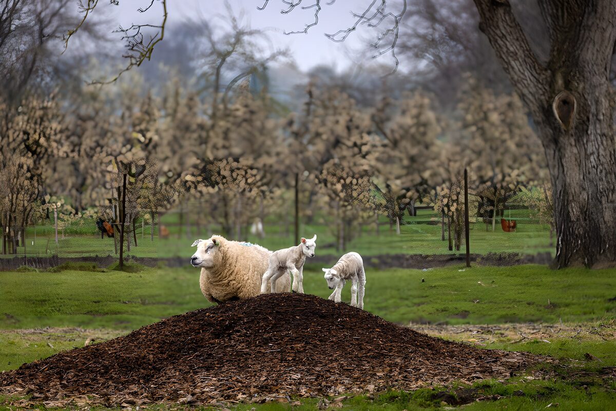 Ewe and two lambs in soft spring light