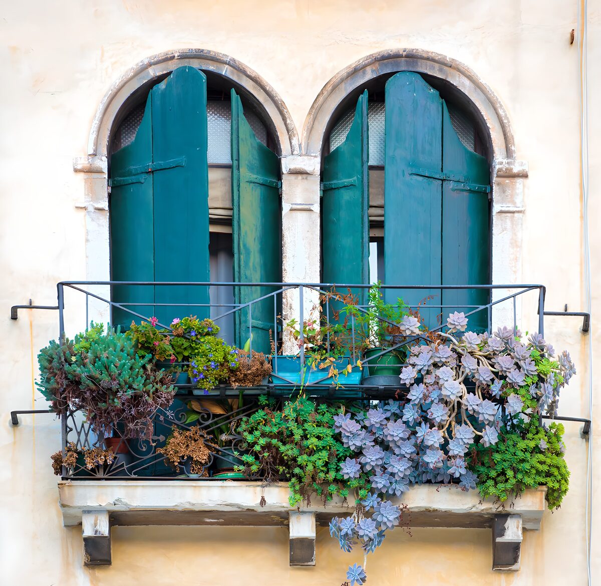 Sunlit balcony with turquoise shutters