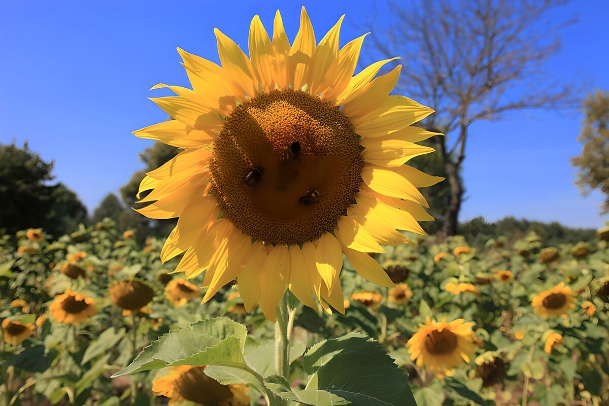 Sunflower and bees beneath a blue sky