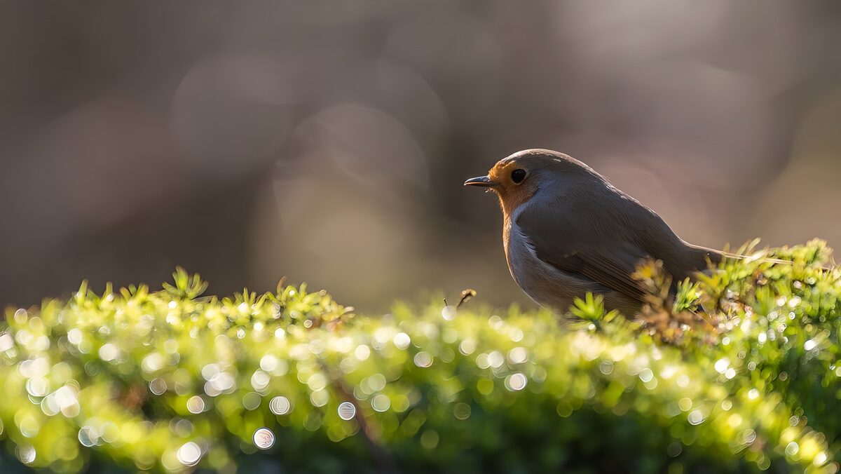 Robin on sunlit moss
