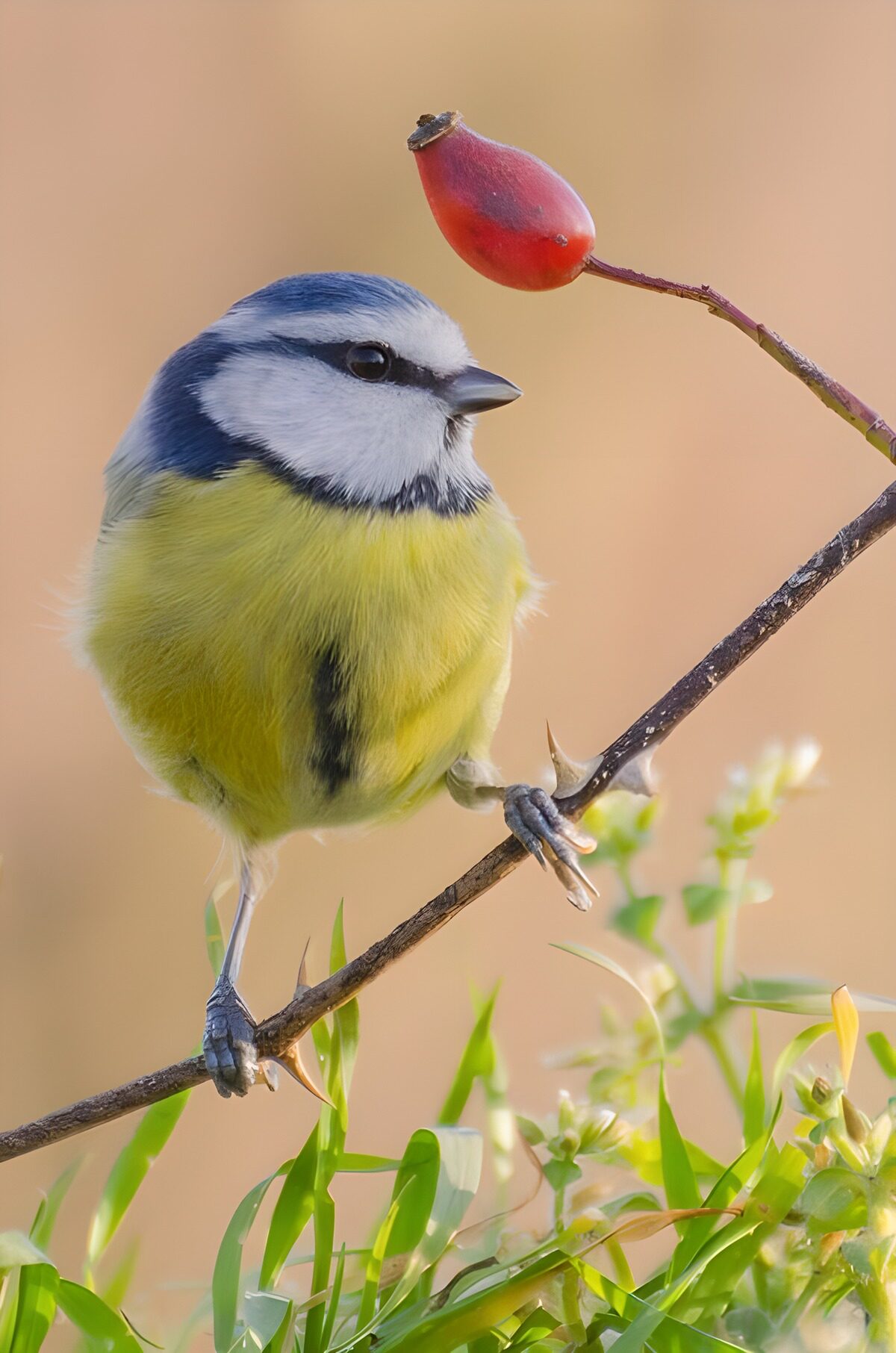 Blue tit on a branch in soft light