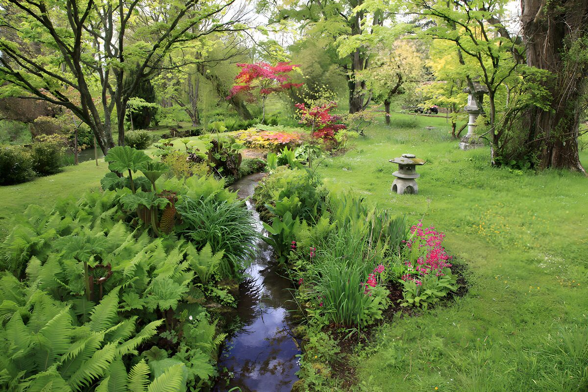 Japanese garden stream in soft daylight