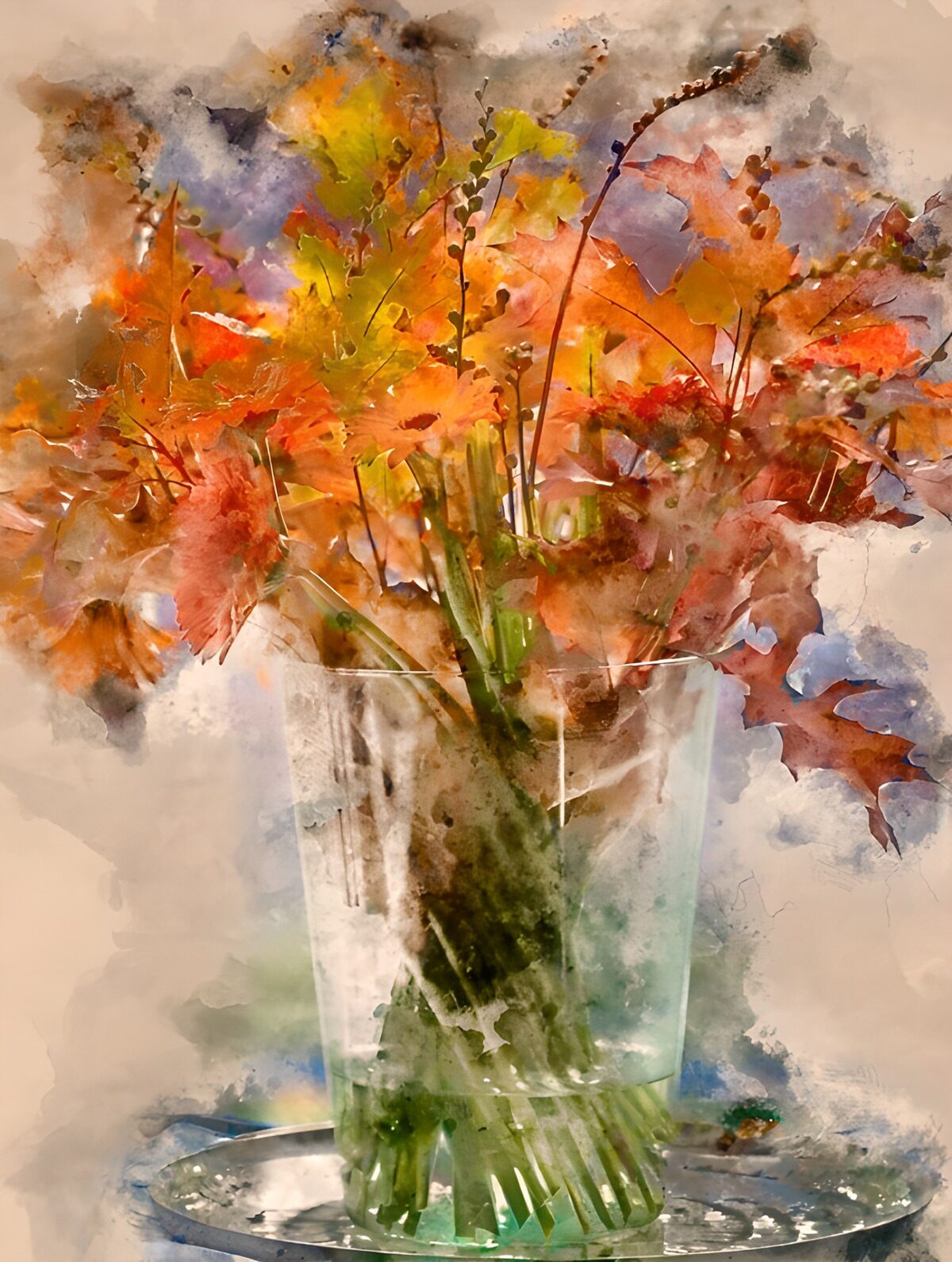 Warm autumn leaves in a glass vase