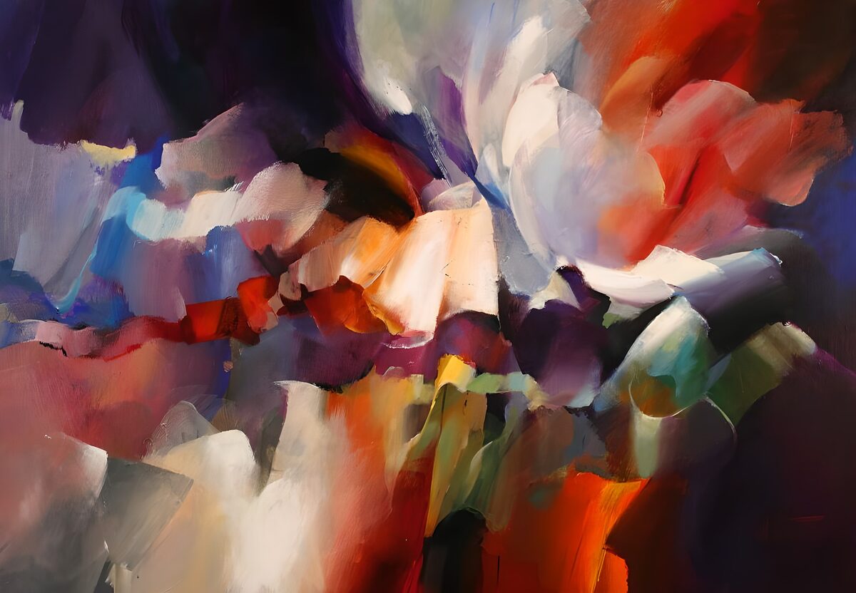 Bold brushstrokes in purple and red
