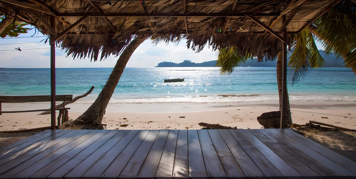 Beach shelter overlooking turquoise water