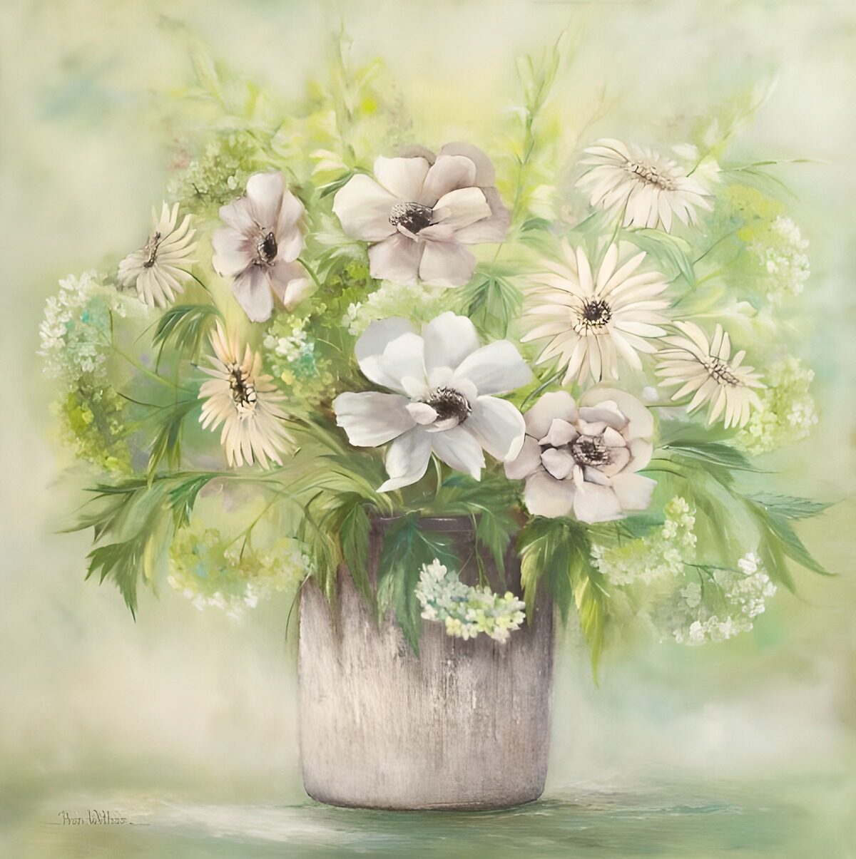 Loose white bouquet in a grey vase