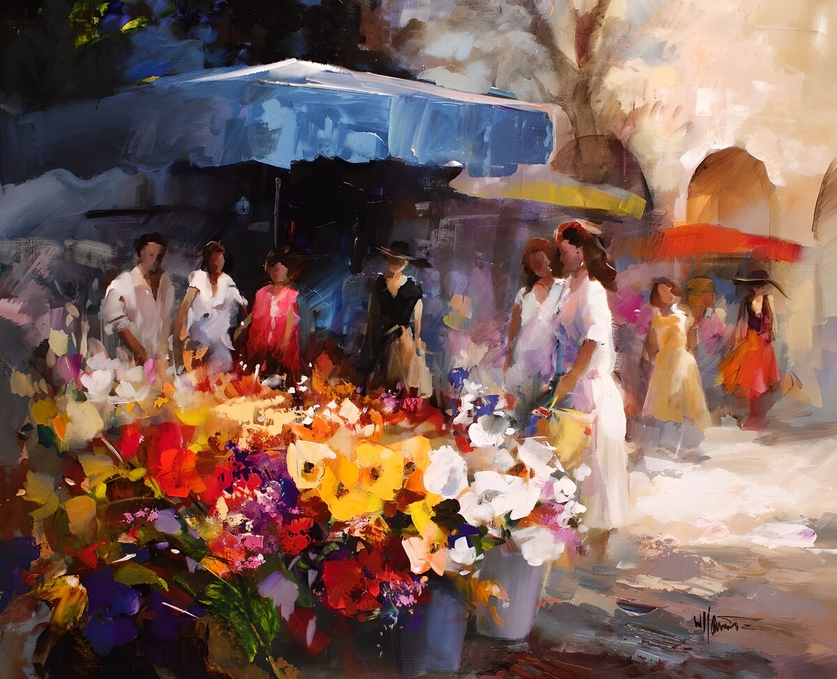 A busy flower market in summer