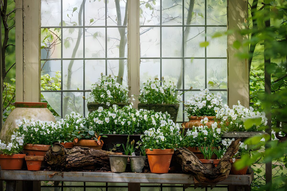 White flowers on a rustic greenhouse shelf