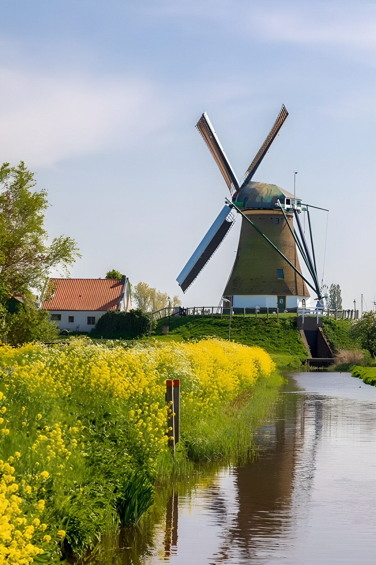 Windmill by a canal in spring