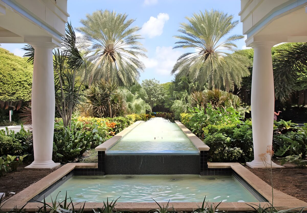 Sunlit palms and a courtyard fountain