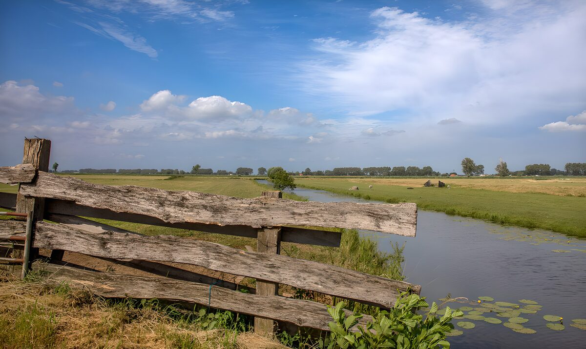 Wooden fence beside a quiet waterway