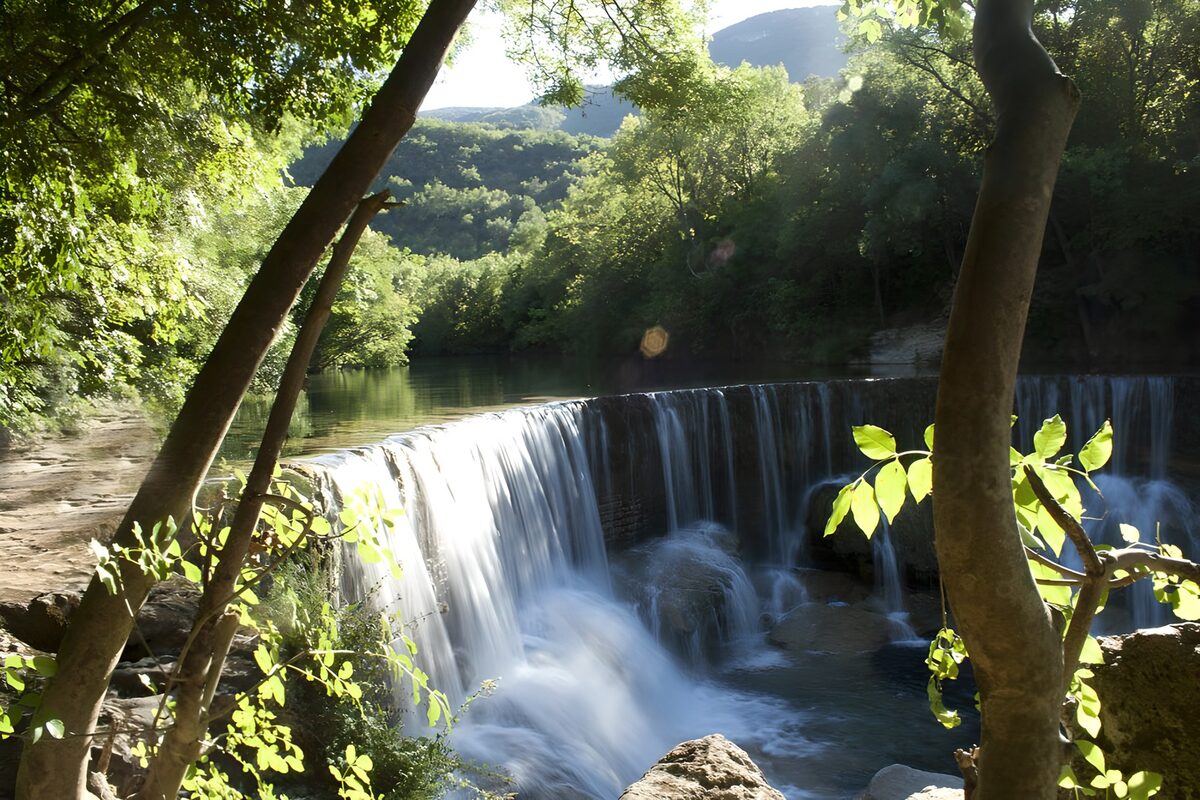 Sunlit weir in summer woodland