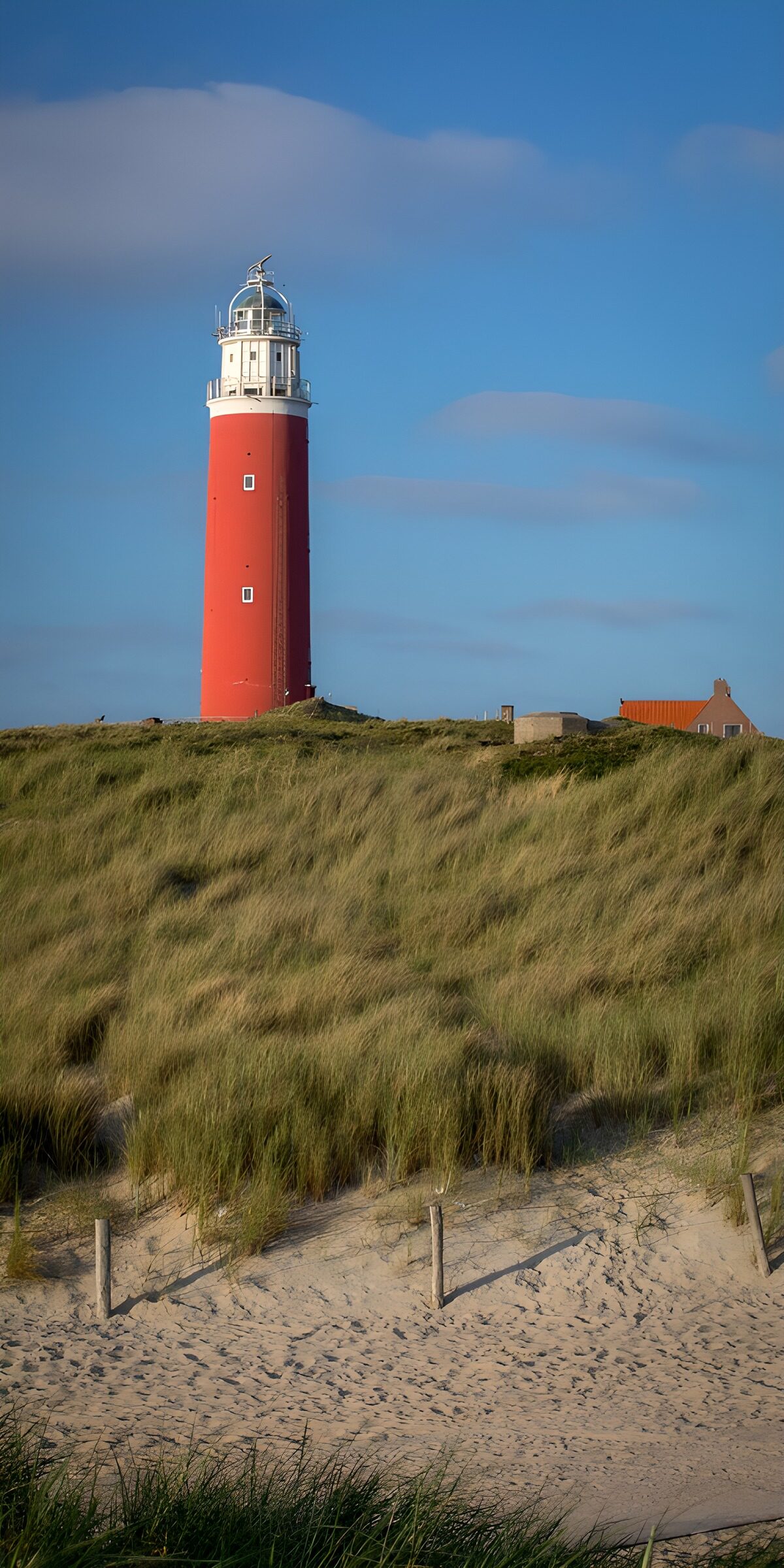 Red lighthouse over a sea of grass