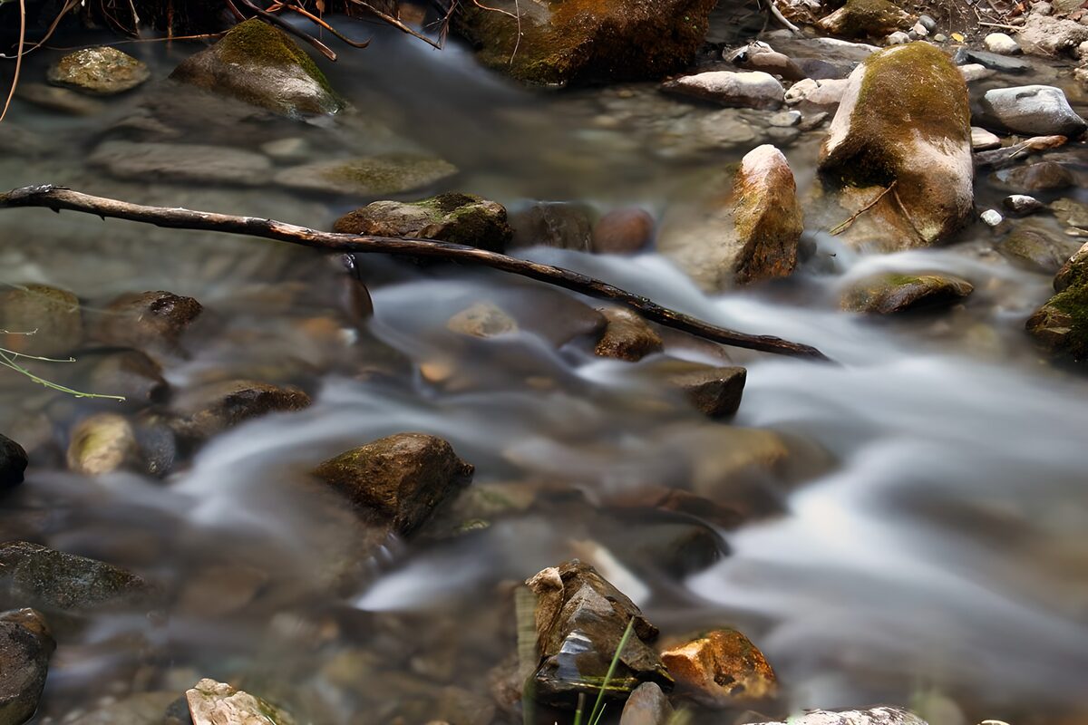 Smooth water over mossy stream rocks