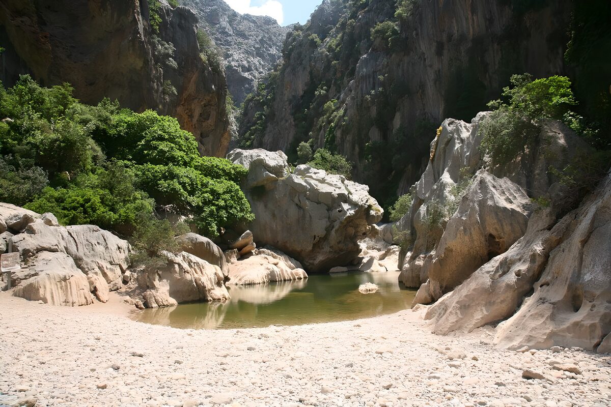 Green pool beneath sunlit gorge rocks