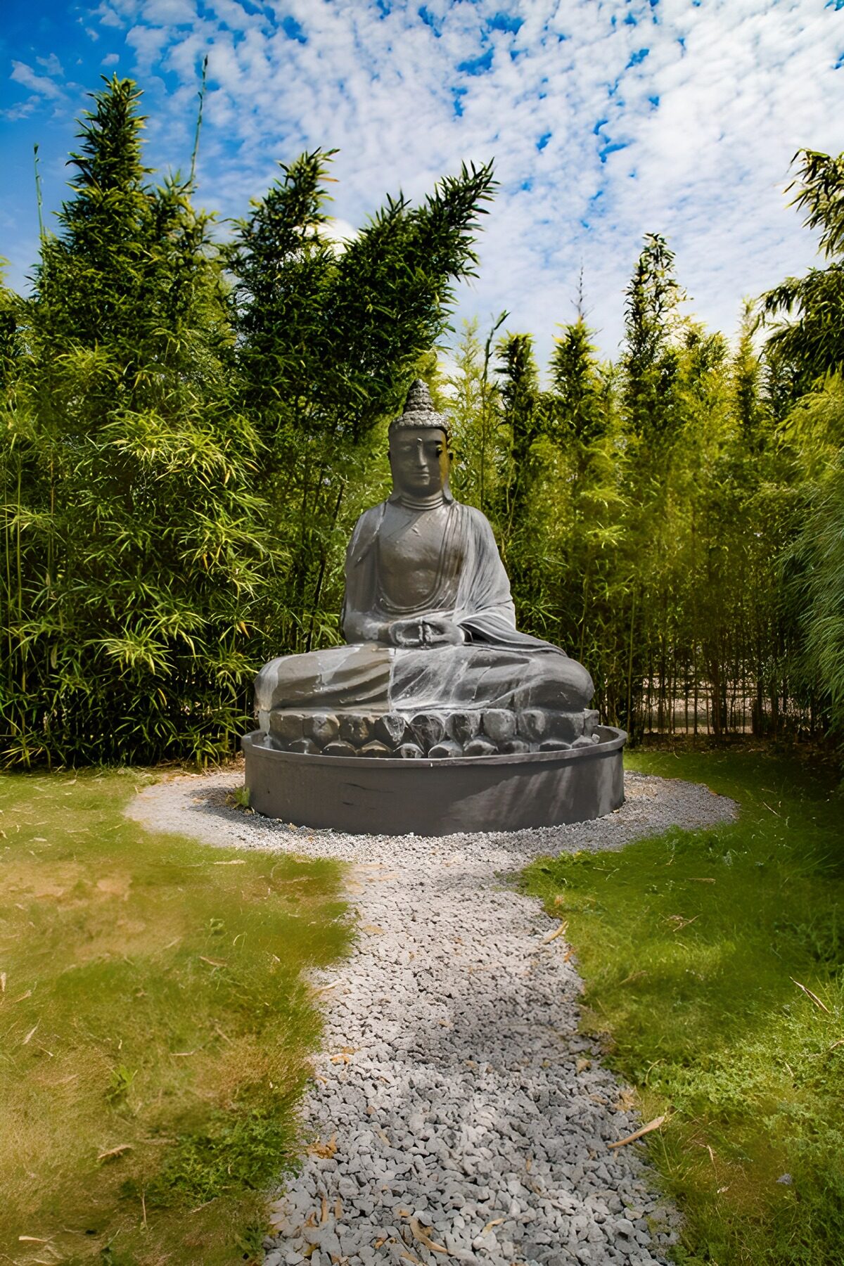 Seated Buddha in a sunlit bamboo garden
