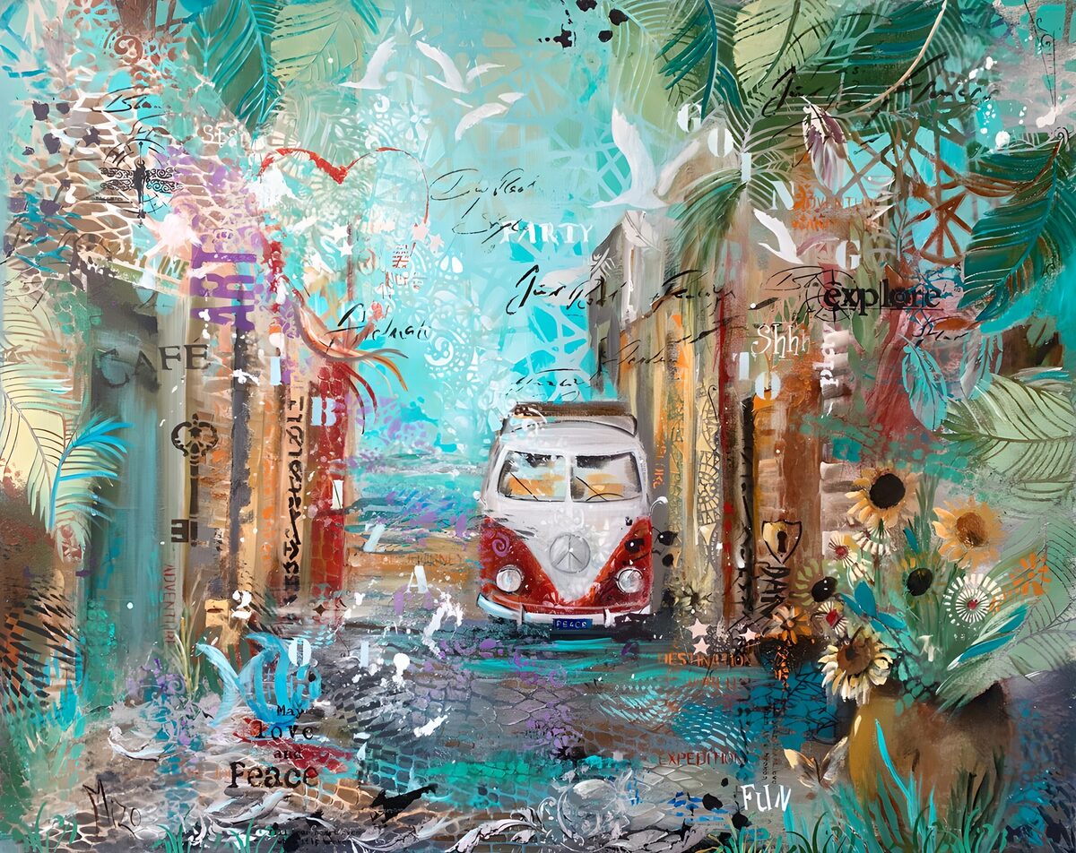 Red campervan in a turquoise alley