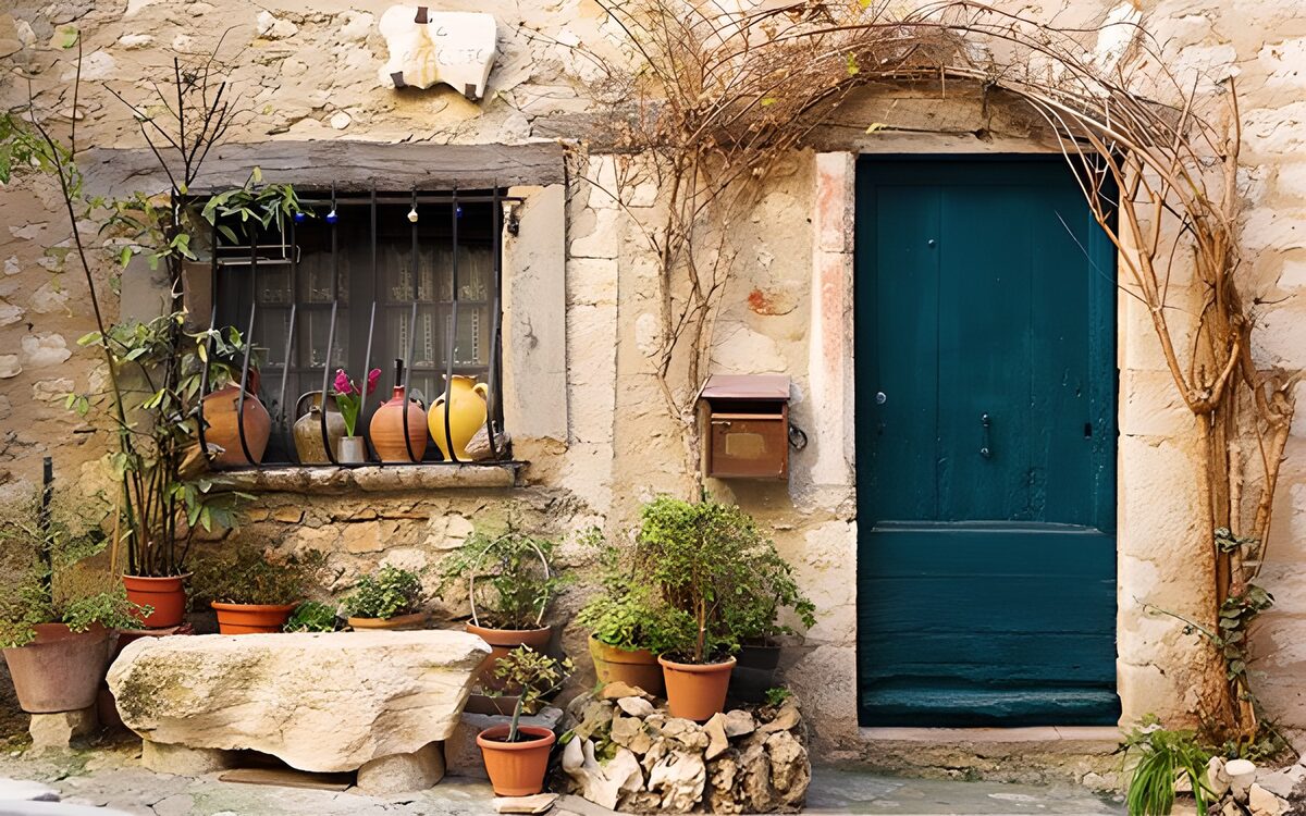 Teal door in a sunlit stone wall