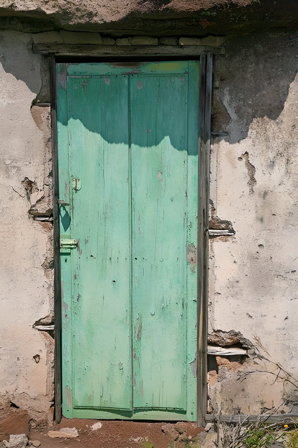 Weathered mint-green door in sunlight