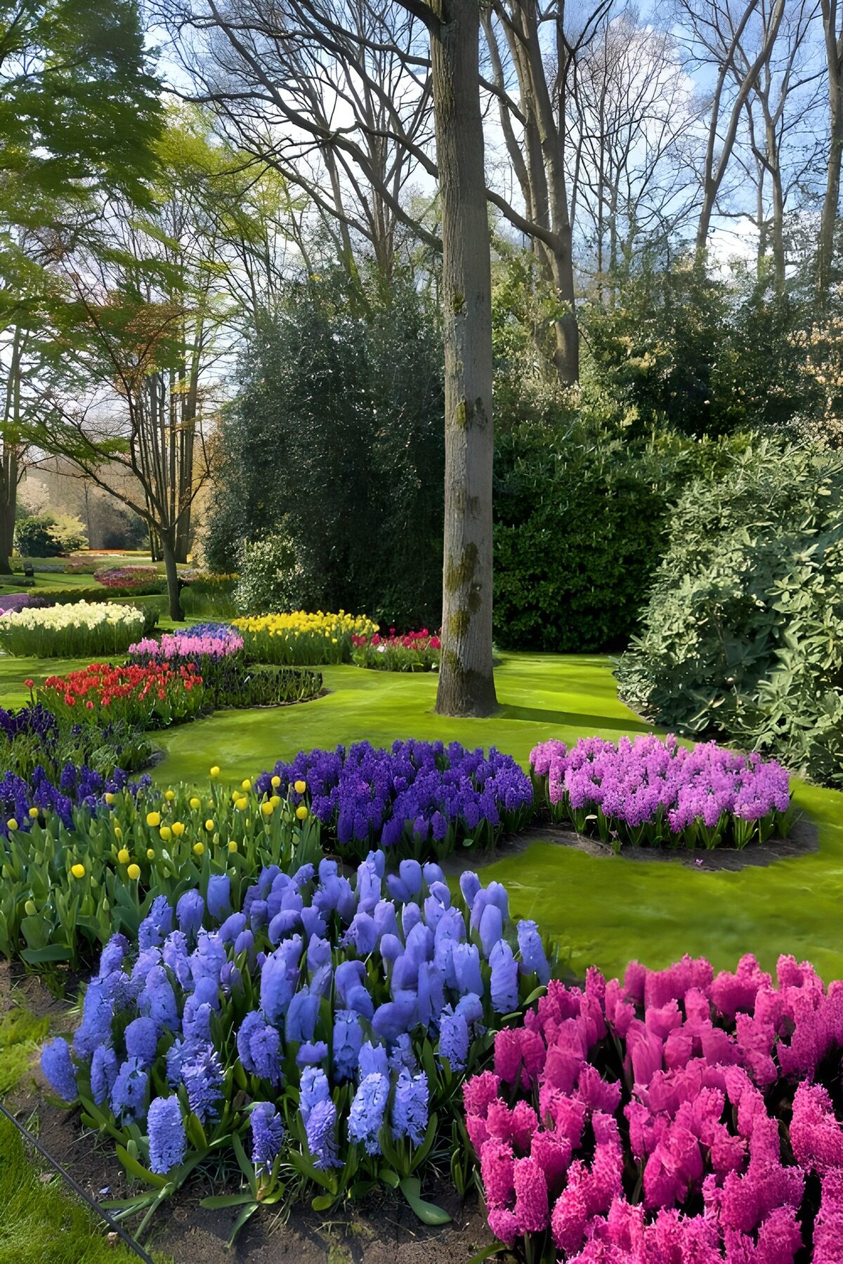 Spring spills pink and blue across the garden
