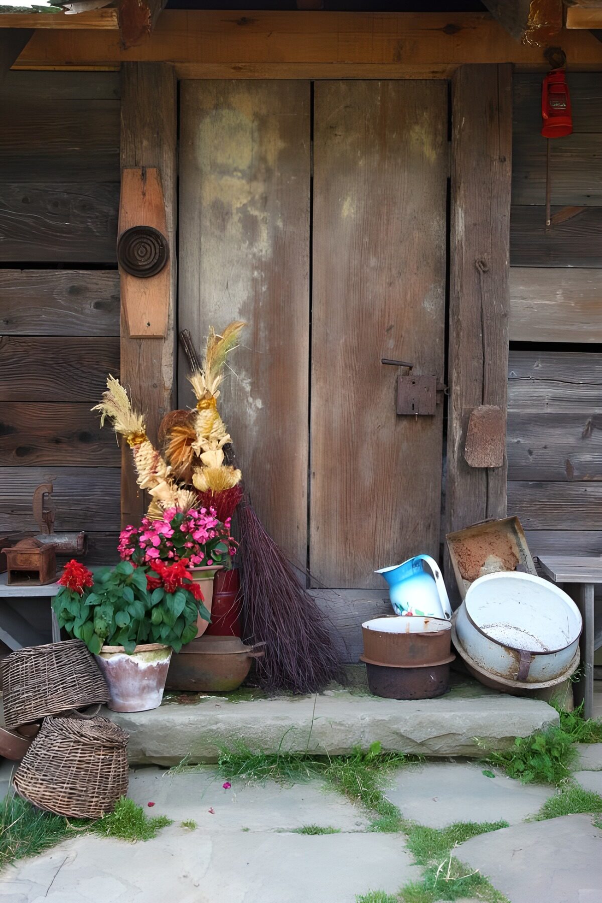 Weathered door and cheerful flowerpots