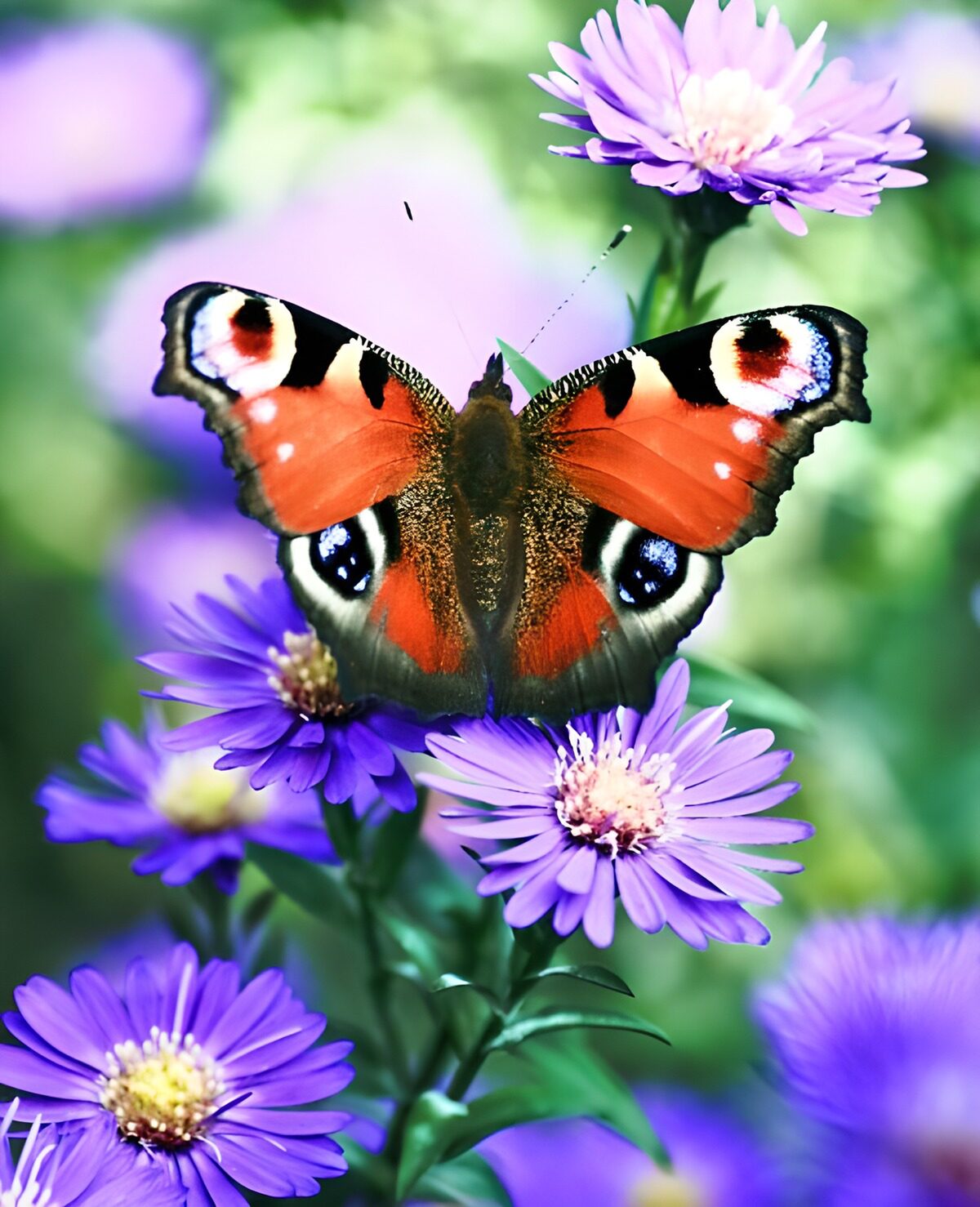 Peacock butterfly in a sea of purple asters