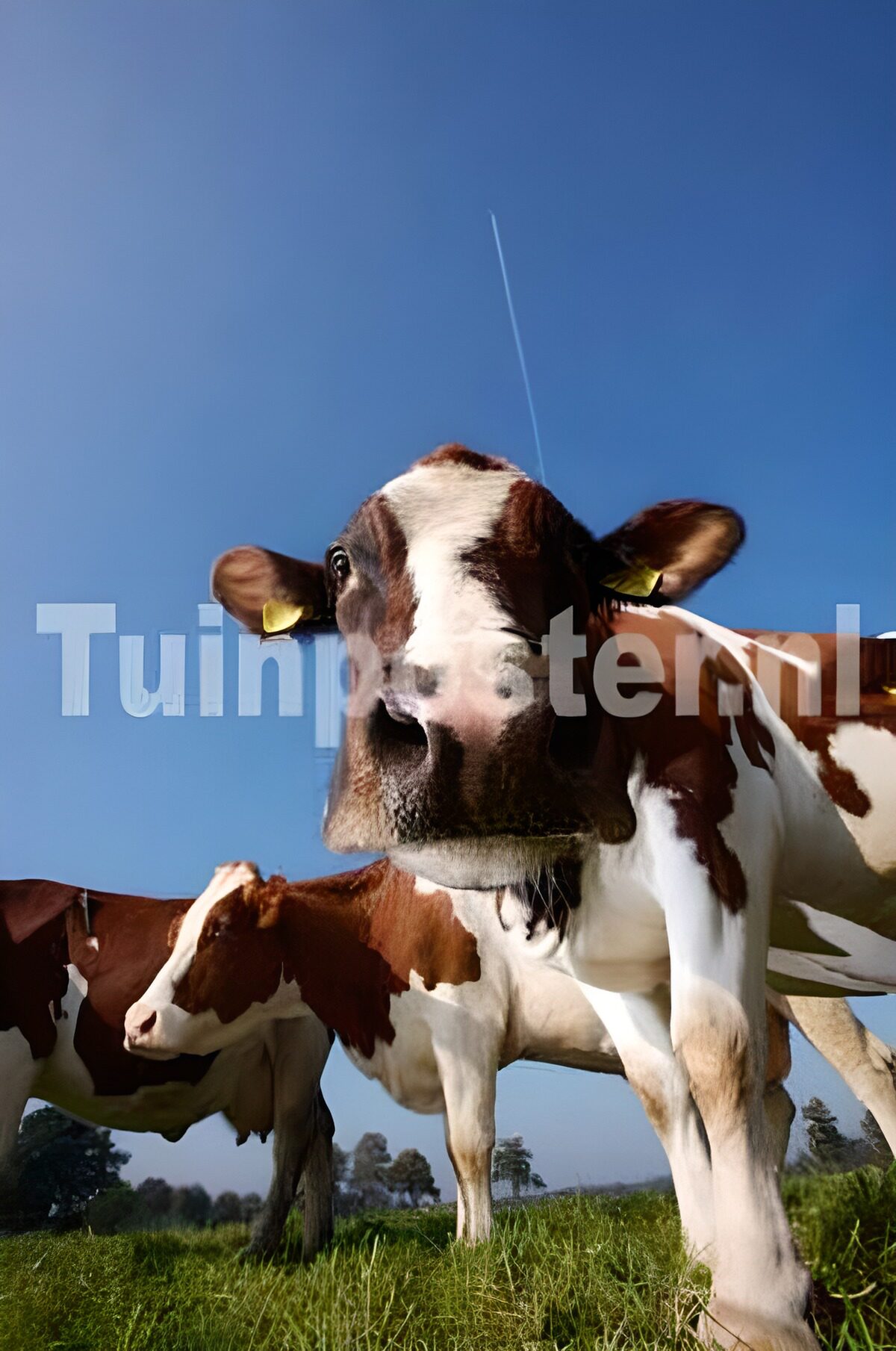 Brown-and-white cows under a blue sky