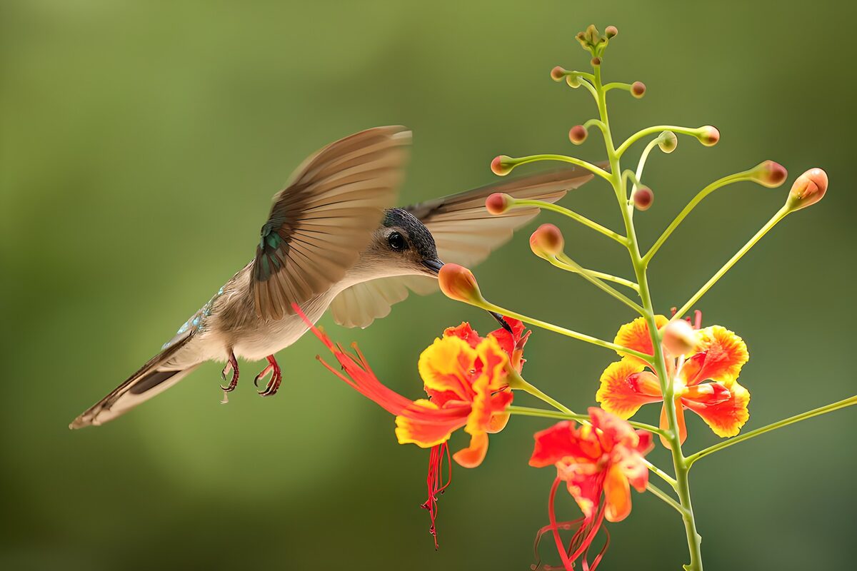 Hummingbird hovering by fiery flowers