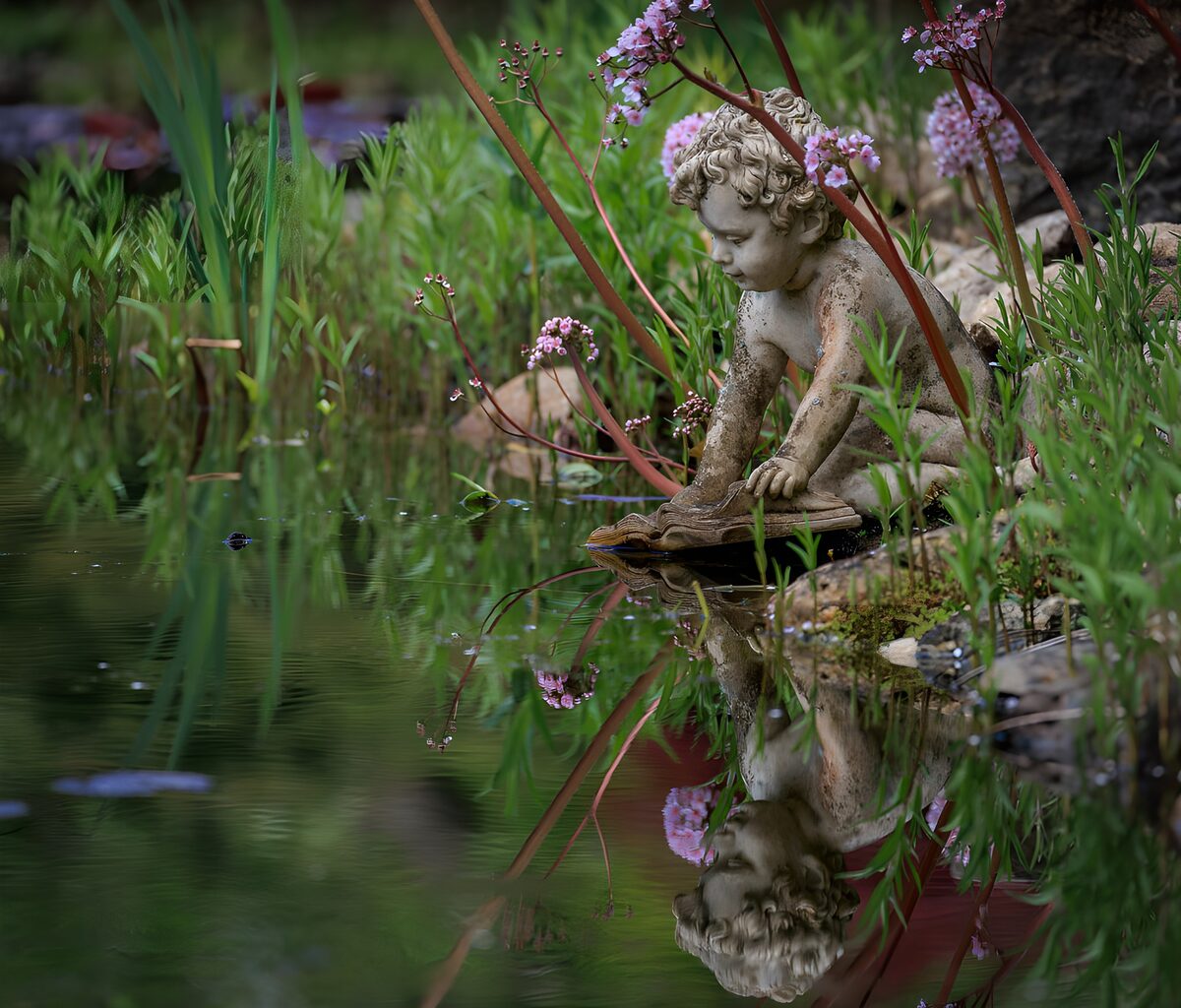 Reading statue beside a quiet pond